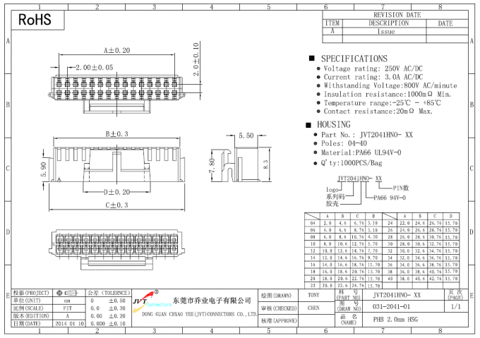 JVT PHB 2.0mm Series Dual Row Circuit  PCB connector  Wire to board ,Part number : JVT2041