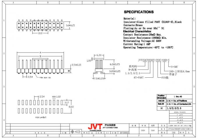 SMT Pin Headers 2.54mm Pitch Vertical Single / Double Row Insulator Thermoplastic
