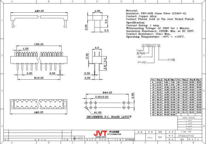 PBT Material 2.0mm Pitch IDC Connector Insulation Displacement Connector