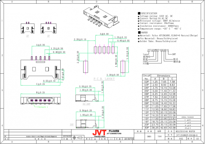 JVT 1.5mm Pitch PCB SMD Right Angle Wire To Board Connector Gold - Plated Material